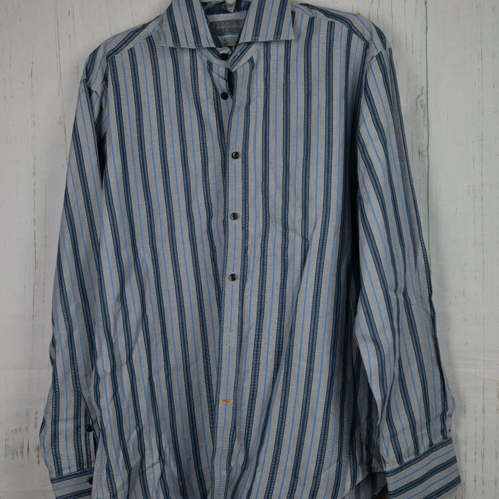 Share Thomas Dean Men's Striped Button-Down Shirt Blue Flip Cuff Size M